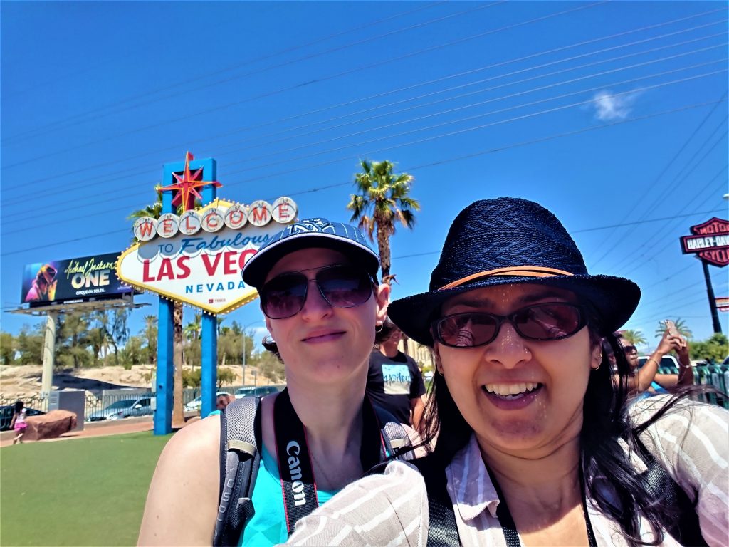 Bev & Shams Adventures, at the Las Vegas Sign, in Las Vegas, USA
