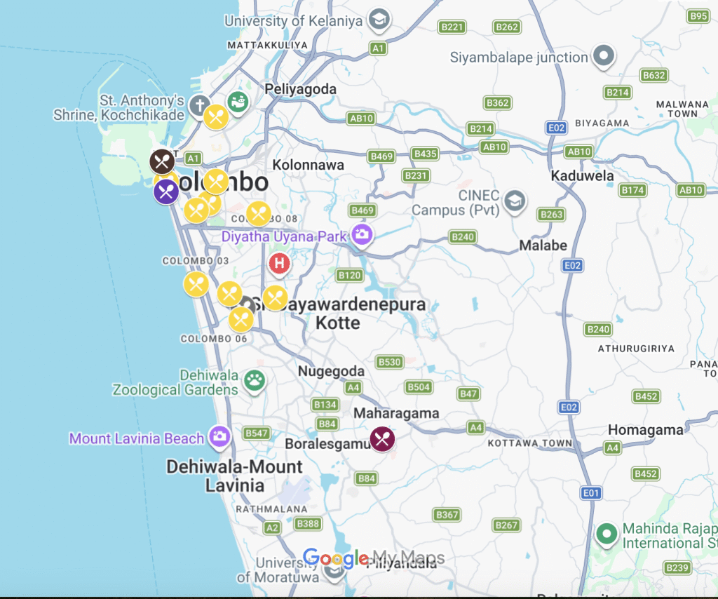 Map of each affordable restaurant in Colombo